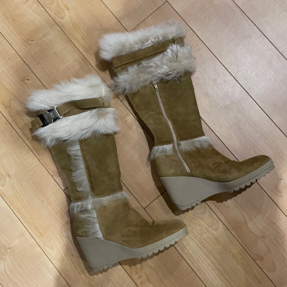 Coach Suede Fur Trimmed Wedge Boots